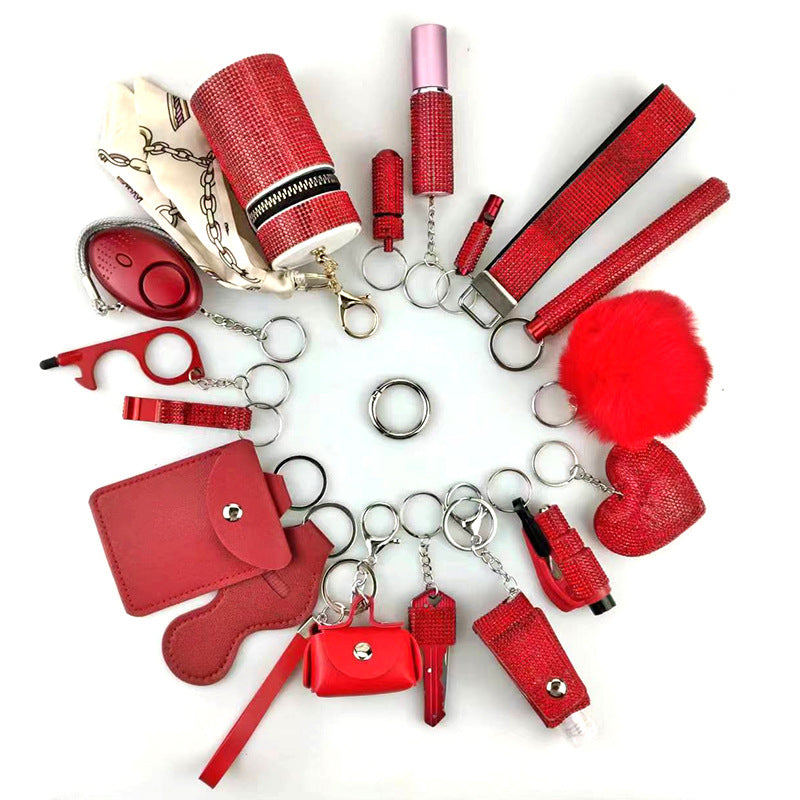 Amazon Outdoor Self-defense Flashlight Alarm 17-piece Set Keychain Accessories Bottle Convenient Fur Ball Pendant