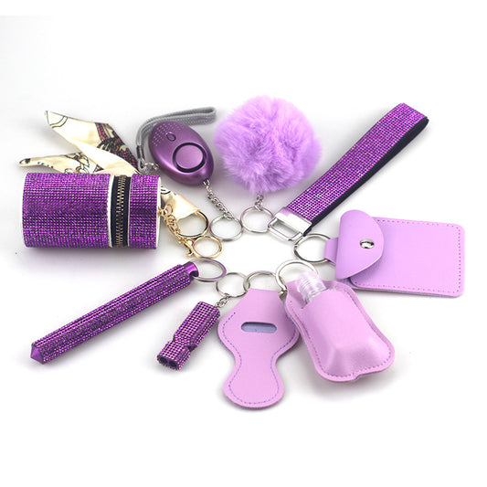 Amazon Outdoor Self-defense Flashlight Alarm 10-piece Set Keychain Accessories Bottle Convenient Fur Ball Pendant
