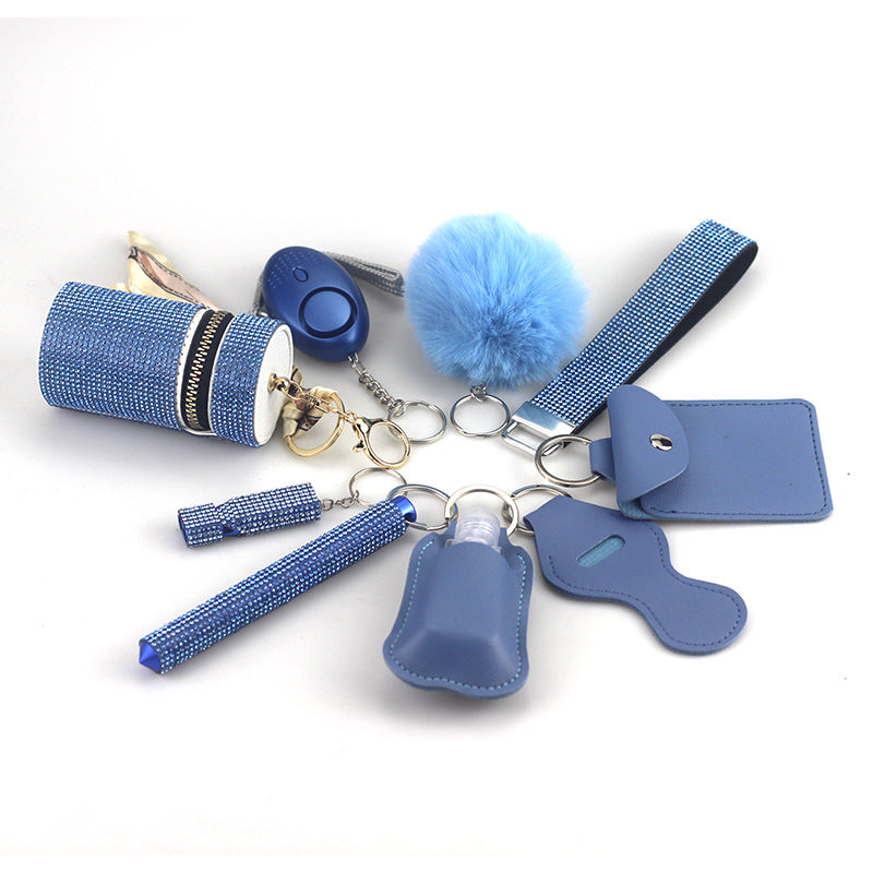 Amazon Outdoor Self-defense Flashlight Alarm 10-piece Set Keychain Accessories Bottle Convenient Fur Ball Pendant