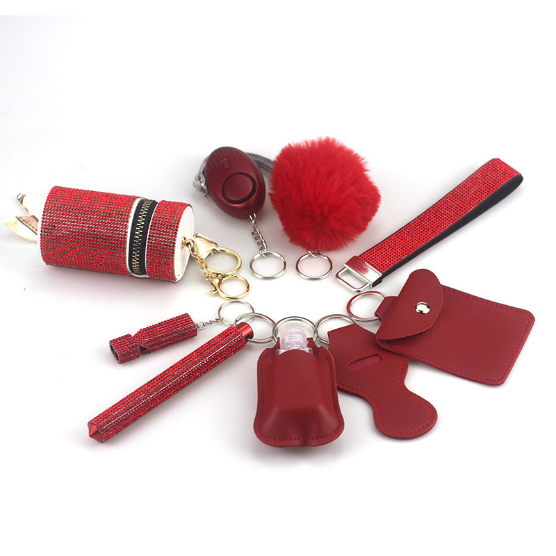 Amazon Outdoor Self-defense Flashlight Alarm 10-piece Set Keychain Accessories Bottle Convenient Fur Ball Pendant