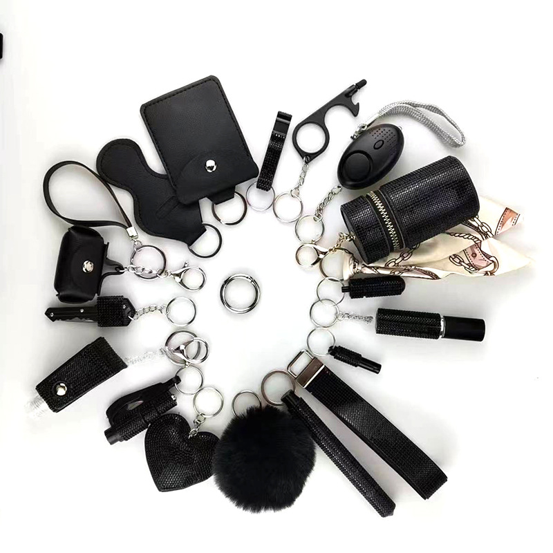 Amazon Outdoor Self-defense Flashlight Alarm 17-piece Set Keychain Accessories Bottle Convenient Fur Ball Pendant