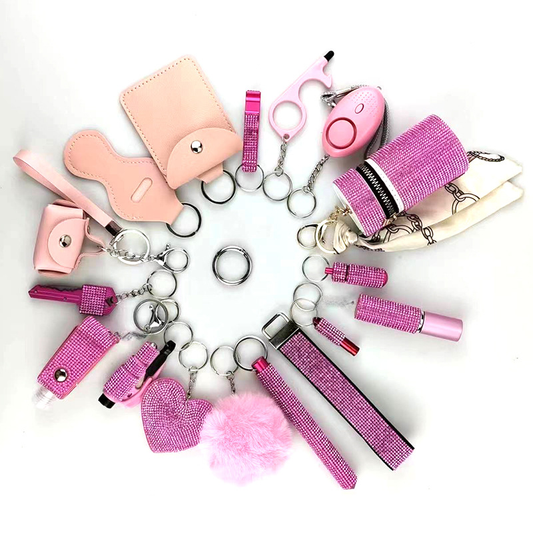 Amazon Outdoor Self-defense Flashlight Alarm 17-piece Set Keychain Accessories Bottle Convenient Fur Ball Pendant
